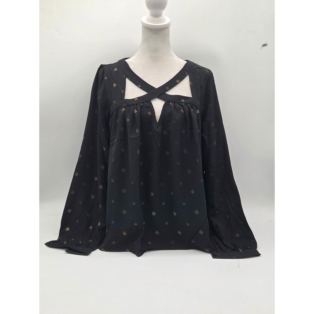 Harlowe & Graham Black Gold Print Cutout Long Sleeve Blouse S NWT 101-912